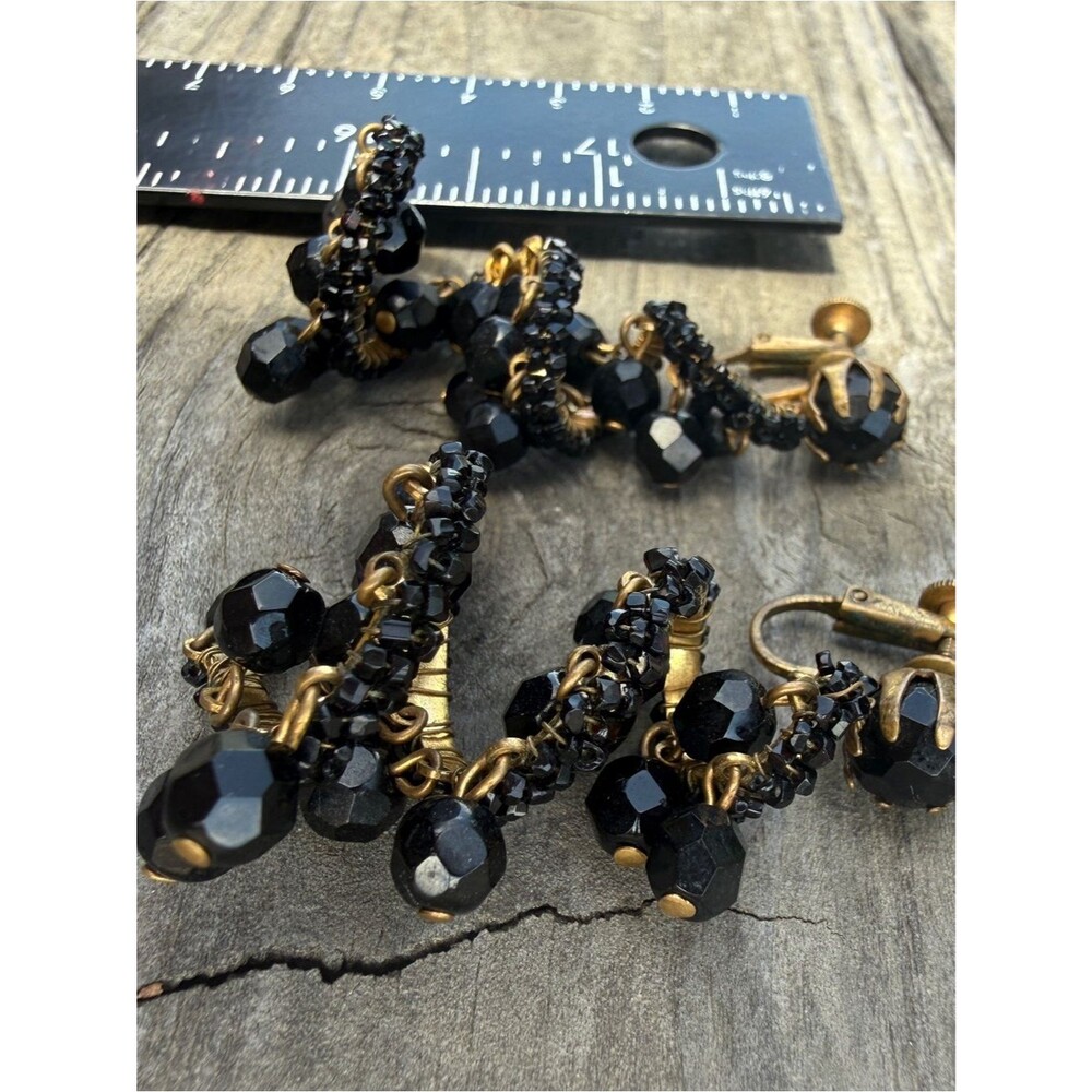 Vintage Black Bead Cluster Drop Earrings - Unbranded